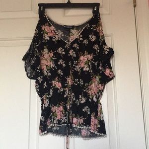 Cold-Shoulder Black Floral Blouse